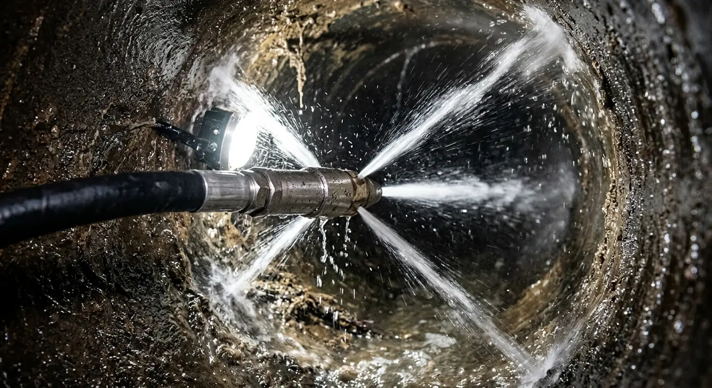 High-pressure hydro jetting nozzle cleaning sewer pipe for Sewer Cleanout in Sequim