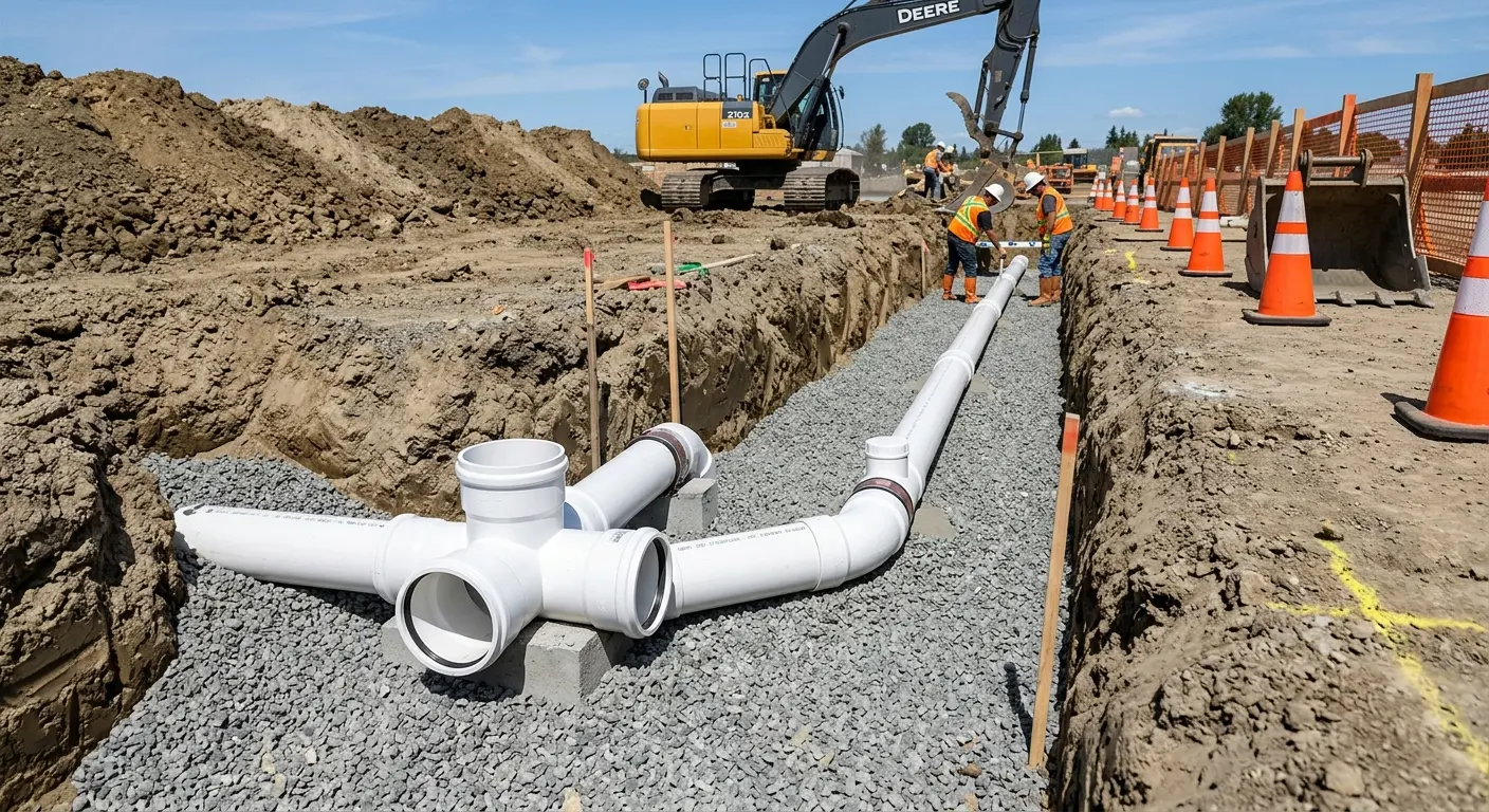 New PVC sewer pipe installation in open trench for Sewer Camera Inspection in Sequim