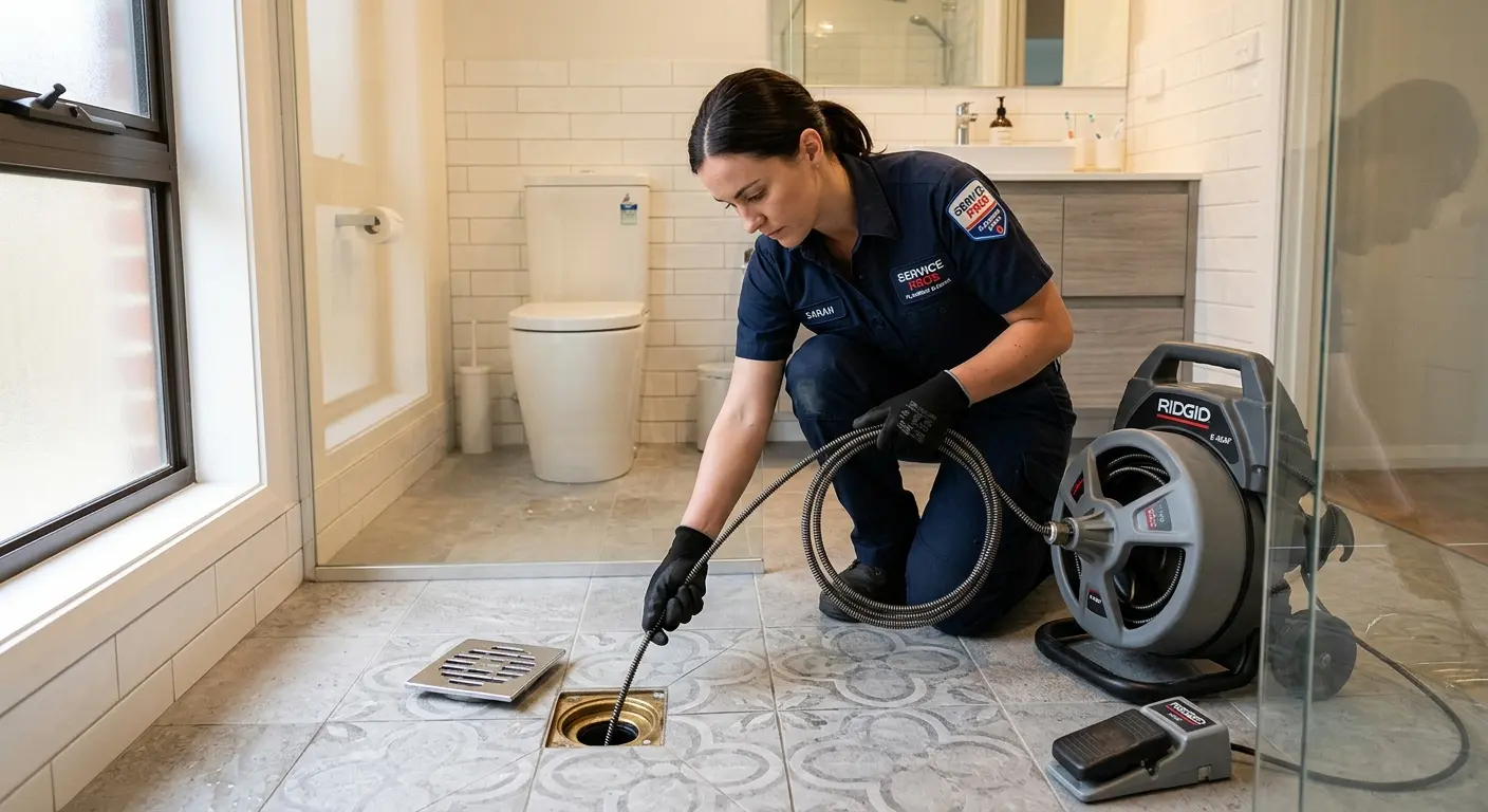Technician clearing a bathroom floor drain for Drain Repair in Sequim